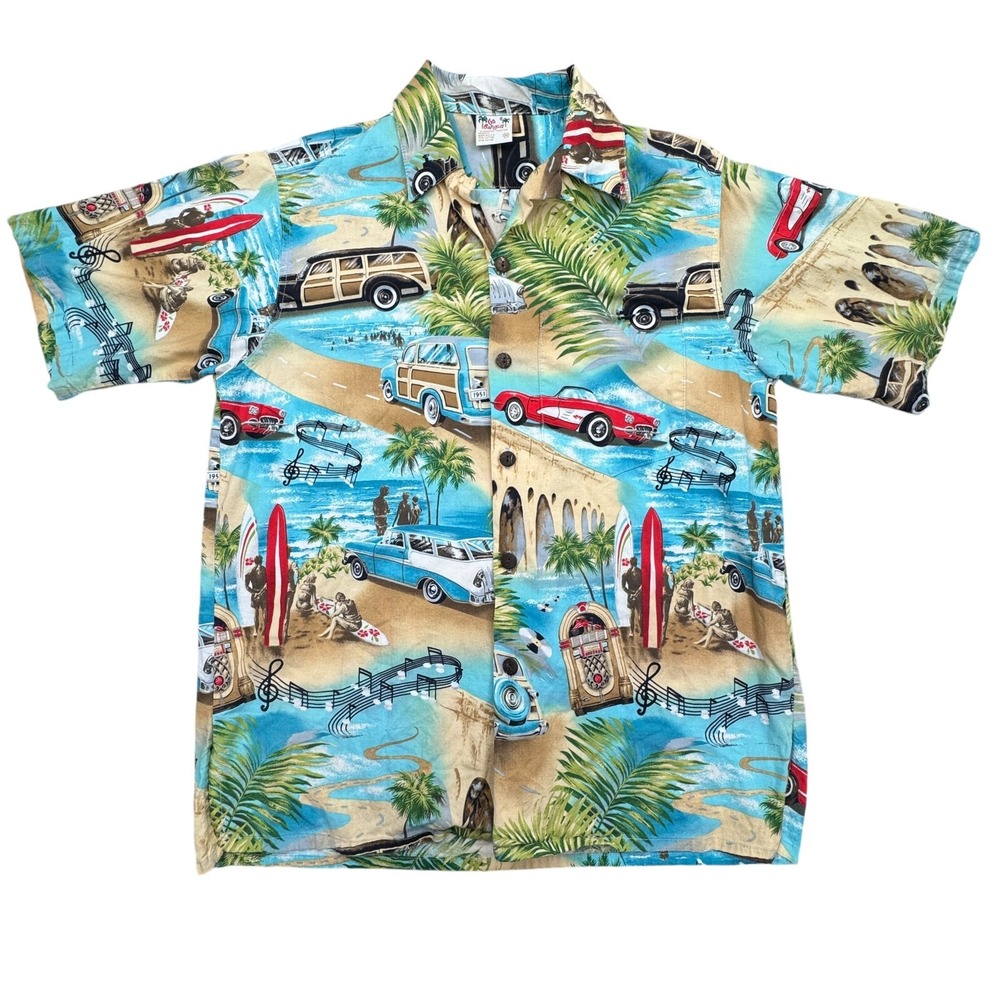 Go Barefoot Button Up Shirt Mens M Hawaiian Surfer Jukebox Car Corvette Woodies